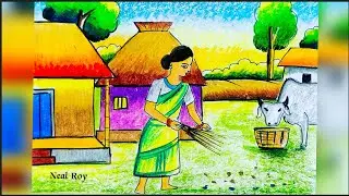 Village Drawing scenery step by step/easy village Drawing/working women drawing