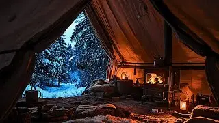 Heavy Snowstorm Sounds for Sleep ❄️ Warm Wood Stove in Tent (Black Screen)