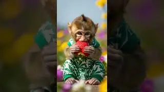 Adorable Baby Monkey Eating a Giant Banana Feast #CuteAnimals #BabyMonkey #FruitLover