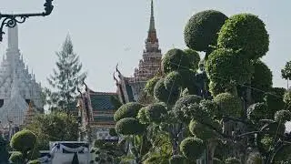Grand Palace in Bangkok with traditional Thai architecture. Manicured gardens and topiary trees in