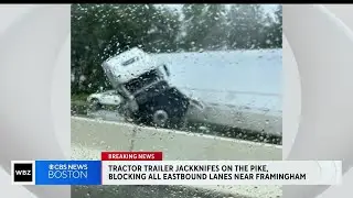 Truck jackknifes on Mass Pike, blocking eastbound traffic