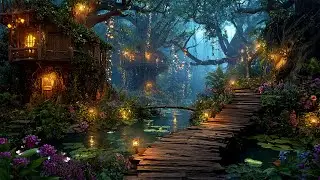 Enchanted Elven Village 🏡 Magical Fireflies Ambience w/ Music | Deep Relaxation & Calming Soul