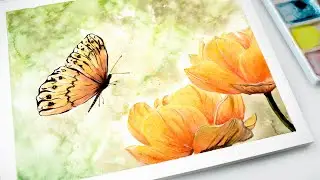 Watercolor tutorial - butterfly with flowers + FREE SKETCH