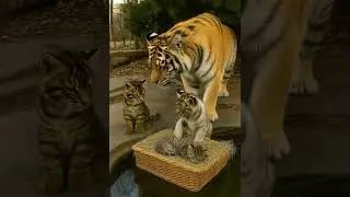 Tiger Family Finds a Sleeping Cat Floating on Water 🐯💖🐱#shorts #बिल्ली #meow