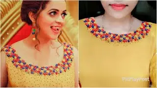 Bhavana inspired neck design|നമുക്കും ചെയ്യാം|Elegant Hand embroidery neck design