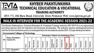 Khyber Pakhtunkhwa English Teacher CTI Jobs, TEVTA Jobs 2021, Teaching Jobs For KPK BS ENGLISH.