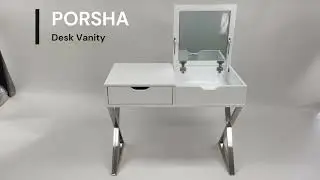 The Newly Improved Porsha White Desk, Vanity, Makeup Table with Mirror and Hidden-Storage