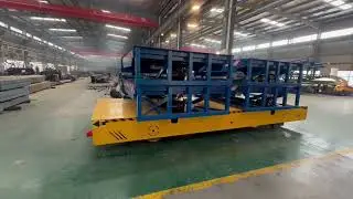 Electric Flatbed Transfer Cart Transporting 4 Fixed Loading Ramps