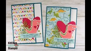 Stampin' Up! Dinoroar Love You Offset Front Fun Fold Card Tutorial with Kitchen Table Stamper