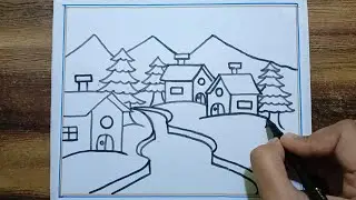 Beautiful Winter Season Scenery Drawing Easy।Easy Winter Scenery Drawing।Snowfall Scenery Drawing🌨️