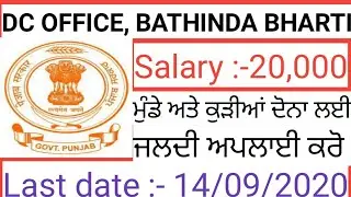 Dc Office Recruitment 2020 || DC Office Bathinda Vaccancy 2020 || Punjab Govt Jobs Sept 2020