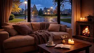 Fireplace Warmth on a Rainy Evening | Soft Piano & Rain Ambience for Rest (4K)