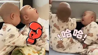 【超萌双胞胎】两个小肉团边摇边推，笑得口水直流还较劲，妈妈裁判：“本场比分——口水量胜出！”