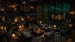 Midnight Reading in a Rainy Victorian Library by the Window Overlooking Manor | Autumn Dark Academia