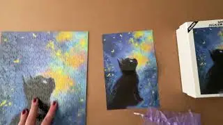 Black cat jigsaw puzzle wooden with blue and yellow background