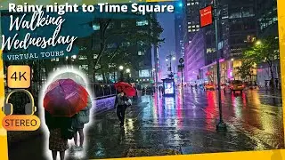 Rainy Night Walk in New York City from Public Library to Time Square 4k Virtual Ambient ASMR Tour.