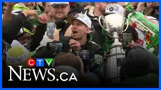 Grey Cup 2025: Trevor Harris speaks during Roughrider victory parade