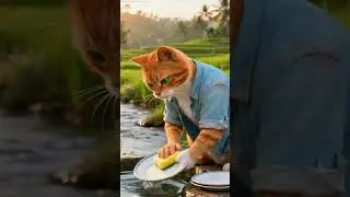 Cat Washing Dishes in the River | #3DRealistic #CatLife #VillageStory