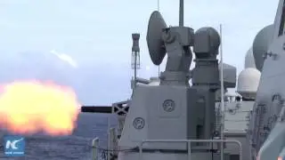 Chinese missile frigate Yuncheng conducting drills at sea (earlier footage)