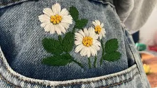 Super Easy Jeans Embroidery for Beginners 🌼 Step by Step Tutorial 🌼 Daisy Flowers Pocket Embroidery