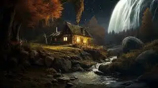 Moonlit Cabin Ambience | Cozy Night Waterfall & Forest Sounds