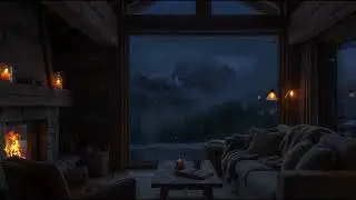1 HOUR  Relax and focus Alpine Cabin Sunset 🌄 Warm Firelight, Cold Mountains | 4K HDR Ambience