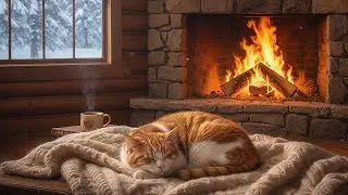 Cozy Winter Cabin Ambience ❄️ Cat Sleeping by the Fireplace 🔥 #045