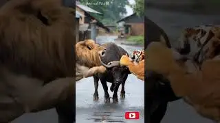 lion, tiger and buffalo fight 😱😱#animals #wildlife #shortsfeed #funny #buffalo #shorts #tiger #lion