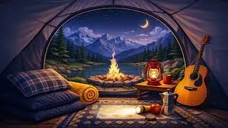 Acoustic Fireside Night 🌙 Moonlit Lakeside Camp | Calm Mountain Ambience