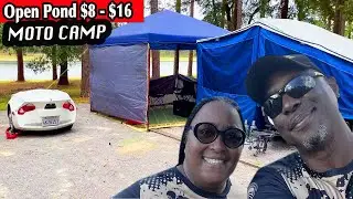 Honda Goldwings And Aspen Classic Motorcycle Camper. Open Pond