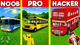 BUS House Build Battle In Minecraft - NOOB VS PRO CHALLENGE - Maizen Mizen Mazien Parody