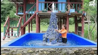 TIMELAPSE: Building marble swimming pool alone START to FINISH - BUILDING a Wooden HOUSE Wilderness