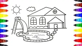 Дом 🏡 с бассейном 🏊‍♀️. Раскраски для детей и малышей. Видеоурок.
