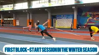 First 7 steps  block-start session in the winter season.Hurdles. Перше тренування з колодок в сезоні