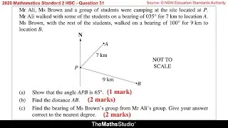 2020 Maths Standard 2 HSC Q31 Find bearing & distance between 2 points using sine rule