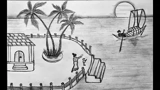 Pencil drawing of a house, the sea, and a boatman heading out to sea / Landscape drawing