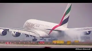 2x Emirates Airbus A380 landing @ Milan Malpensa Airport • Hard landing Airbus A380!!
