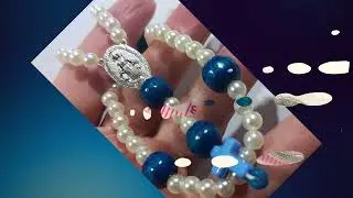 JLC-BRAND Handmade Blue Cross Blue  Wood Ivory Pearl & Silver  Wrist Miraculous Virgin Mary Rosary