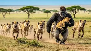 Gorilla Rescues Lion Cub From Hyena Pack, What Happens Next Is Shocking!