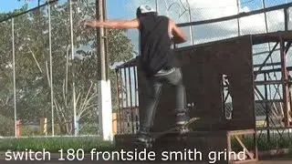 skateboarding: switch 180 frontside smith grind