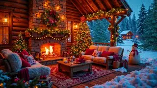 Ambiente Acogedor De Caba&ntilde;a Navide&ntilde;a 🎄🔥 Chimenea Crepitante y Noche Invernal Nevada para Relajarse