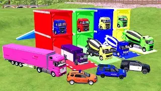 TRANSPORTING COLORFUL CONTAINER, MIXER TRUCK, KARA TRUCK, MERCY POLICE CARS, AMBULACE, FS22