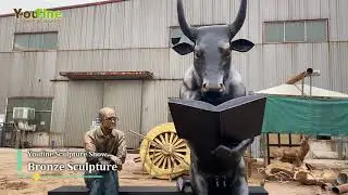 Outdoor Large Bronze Bull Reading Book and Sitting Man Statue for Sale