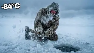 Ein Mann hackt Eis, um an Trinkwasser mit einer Temperatur von -84 &deg;C zu gelangen.