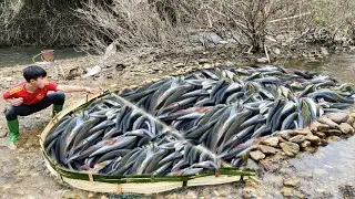 How to catch fish by Ancient Method. Using bamboo to make a fish trap in the stream.