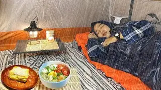 Solo Camping Girl: Rain at Night - Under the Waterfall - Cooking Egg Noodles & Fried Bread | ASMR