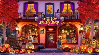 Cozy Autumn Halloween Ambience 🎃 Halloween Jazz Music 🍁 Spooky Shop & Crunchy Leaves Sounds