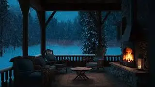 Winterstimmung auf der Veranda eines Holzhauses | Entspannendes Kaminfeuer und Schneesturm