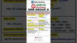 RRB Group D Recruitment 2026 | New Vacancy 2026 | Daily Job Alerts #shorts