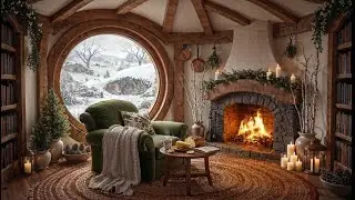Cozy Hobbit Winter Ambience | Winter Snowfall with Fireplace Crackling in The Shire